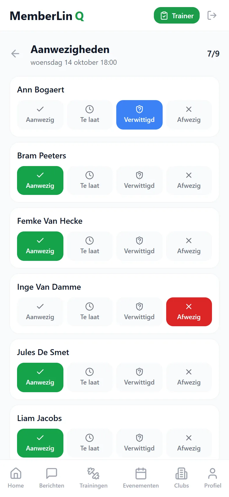Aanwezigheden opnemen in de leden-app als trainer