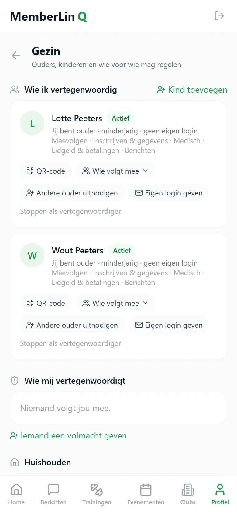 Gezinsscherm in de leden-app: een ouder beheert de gegevens van de kinderen