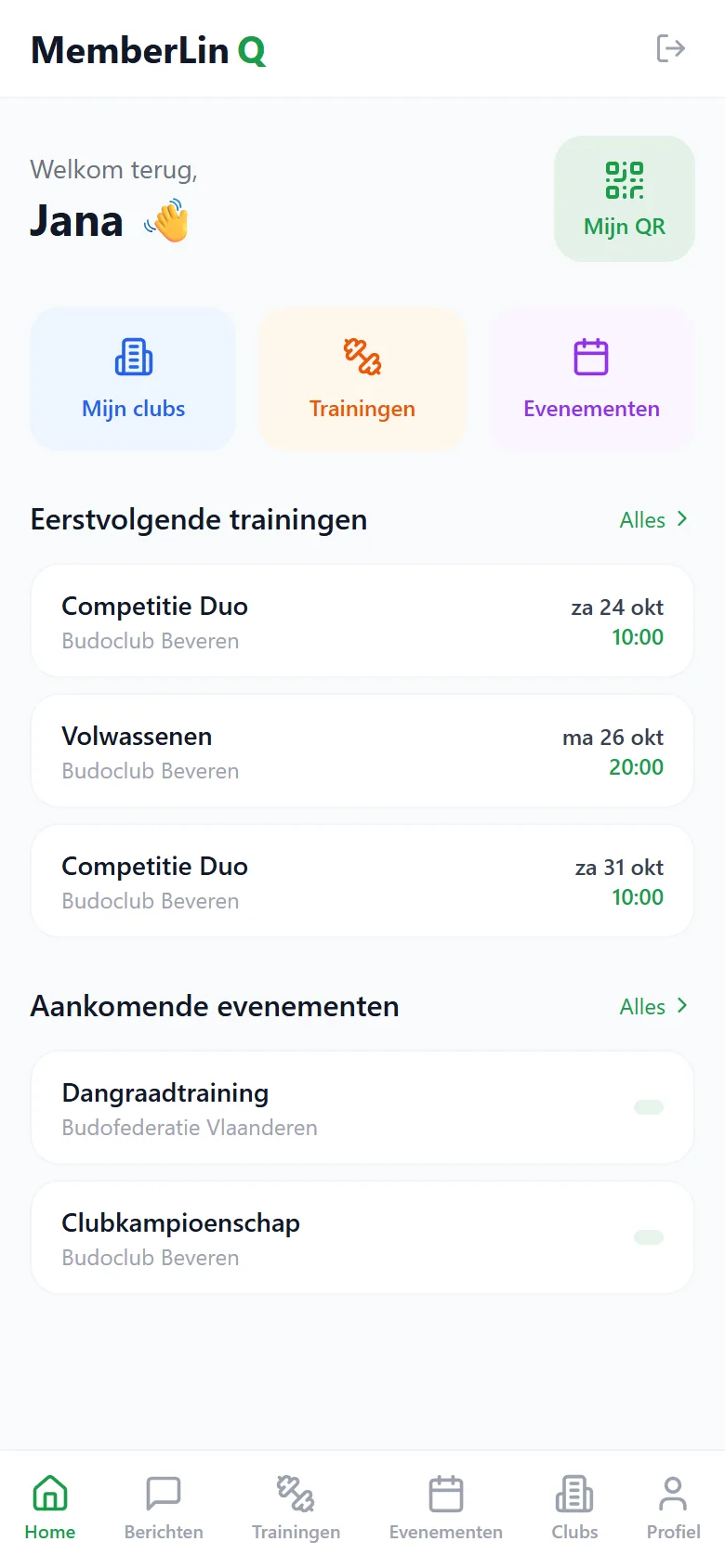 Startscherm van de leden-app met trainingen en evenementen